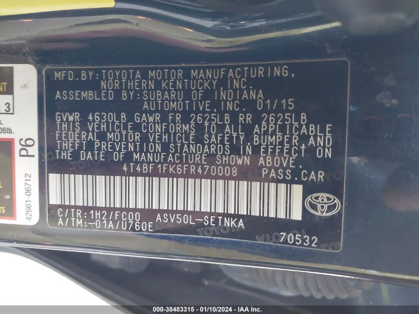 2015 TOYOTA CAMRY LE/XLE/SE/XSE - 4T4BF1FK6FR470008