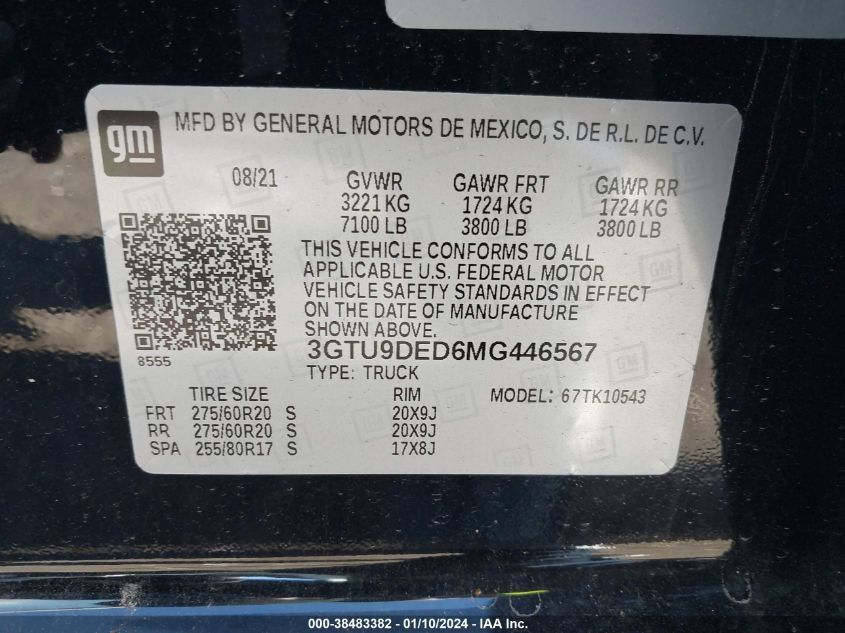 2021 GMC SIERRA 1500 SLT - 3GTU9DED6MG446567