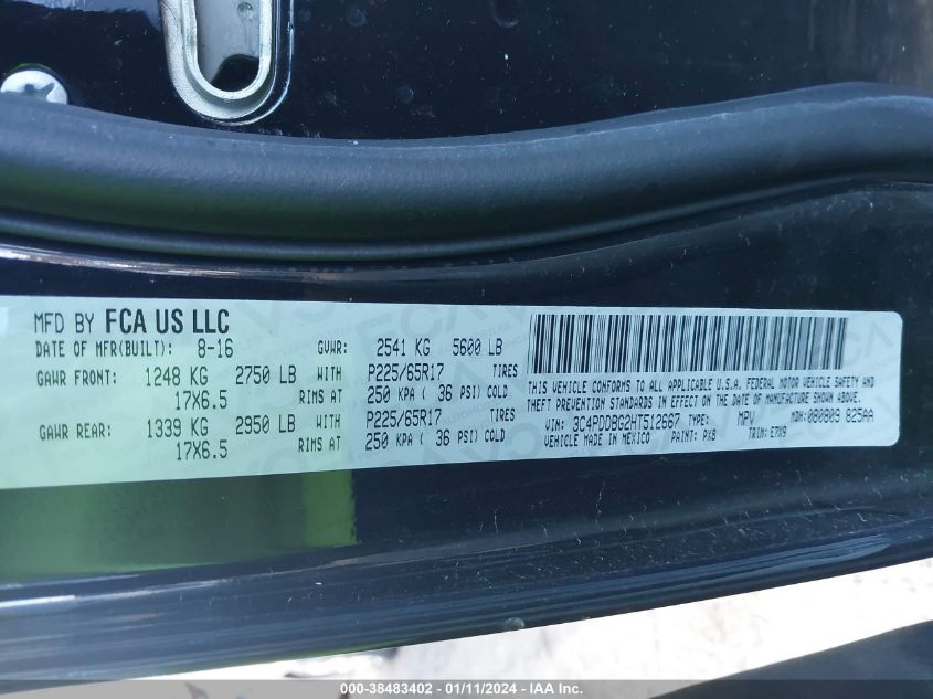 2017 DODGE JOURNEY SXT - 3C4PDDBG2HT512667