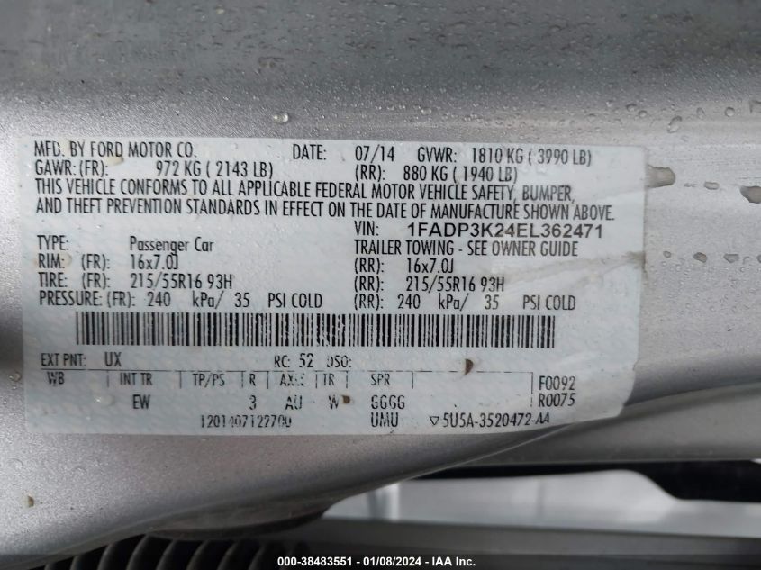 2014 FORD FOCUS SE - 1FADP3K24EL362471