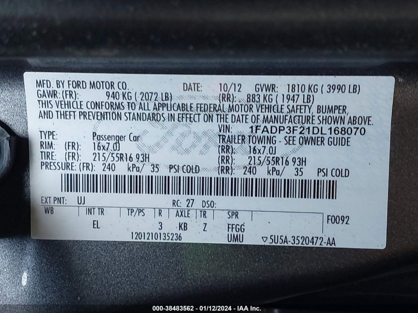 2013 FORD FOCUS SE - 1FADP3F21DL168070