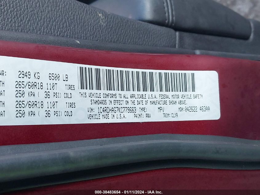 2019 DODGE DURANGO SXT - 1C4RDHAG7KC779663