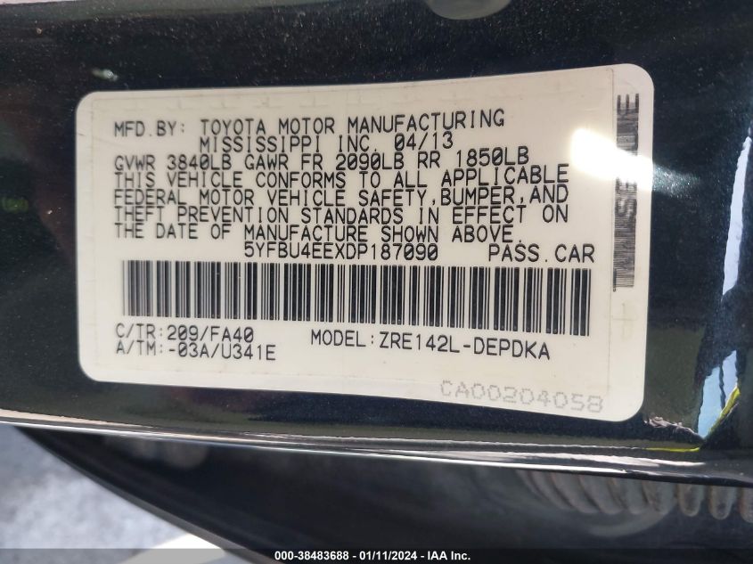 2013 TOYOTA COROLLA S/LE - 5YFBU4EEXDP187090