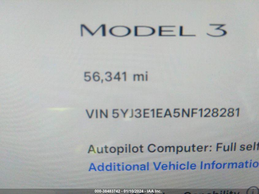 2022 TESLA MODEL 3 - 5YJ3E1EA5NF128281