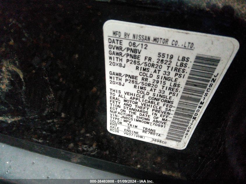 2013 INFINITI FX37 - JN8CS1MW0DM170891