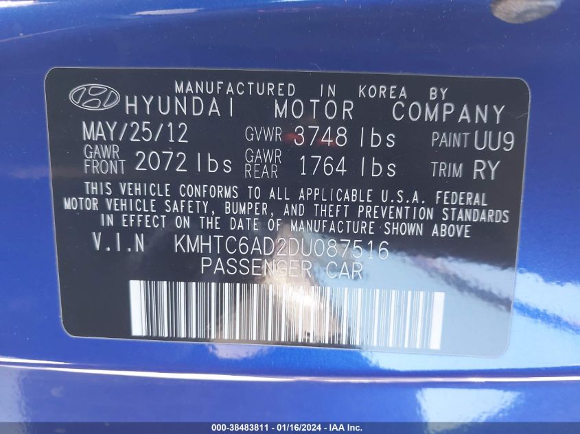 2013 HYUNDAI VELOSTER - KMHTC6AD2DU087516