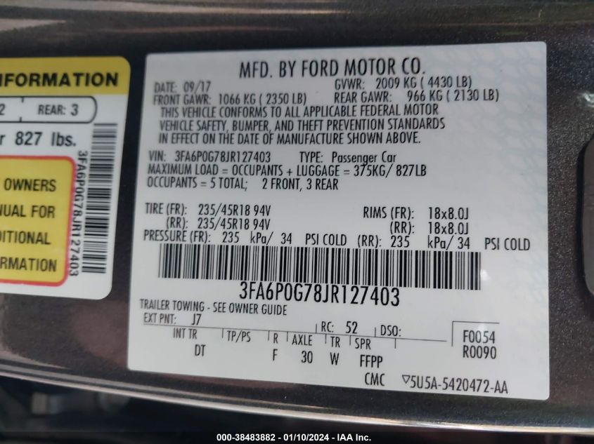 2018 FORD FUSION S - 3FA6P0G78JR127403