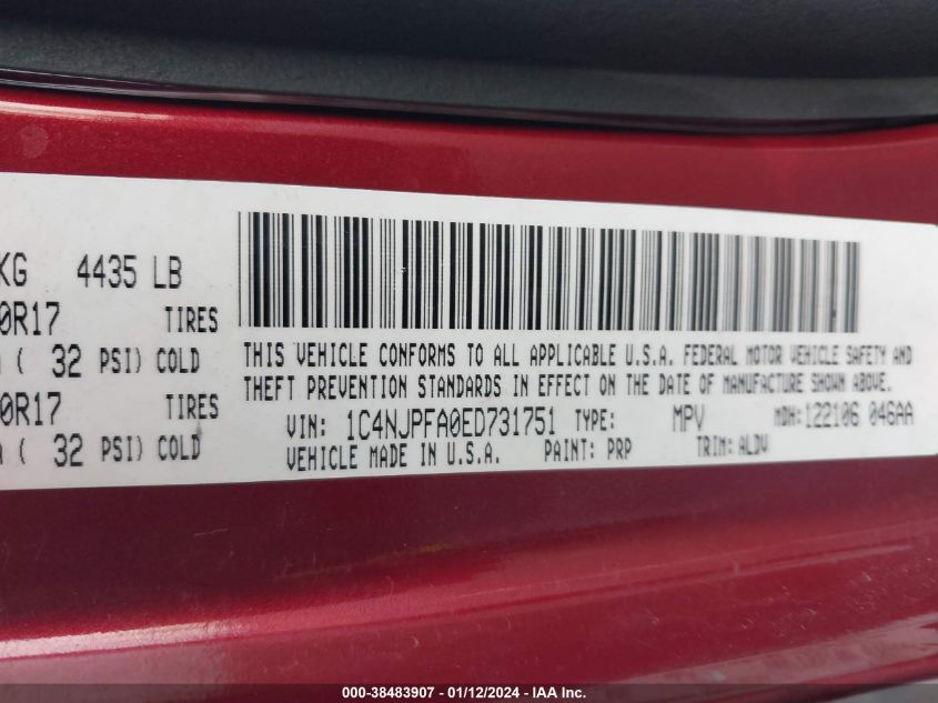 2014 JEEP PATRIOT LATITUDE - 1C4NJPFA0ED731751