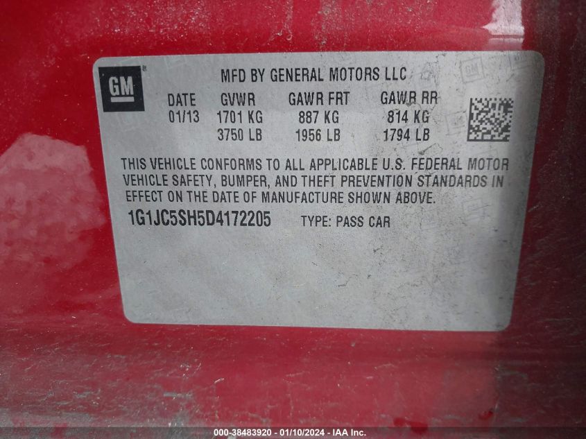2013 CHEVROLET SONIC LT AUTO - 1G1JC5SH5D4172205