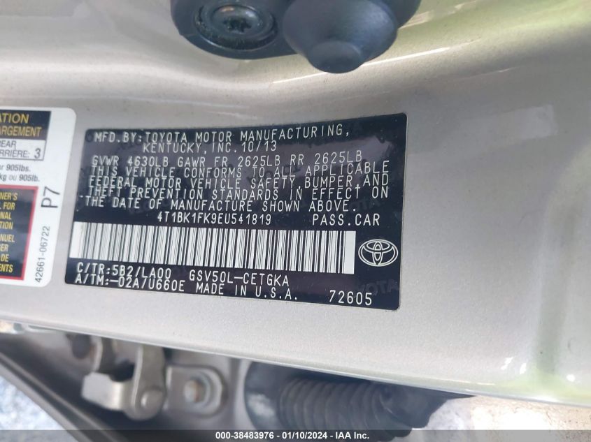 2014 TOYOTA CAMRY XLE V6 - 4T1BK1FK9EU541819