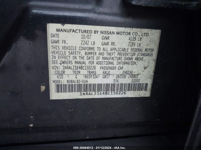 1N4AL21E48C150226 | 2008 NISSAN ALTIMA