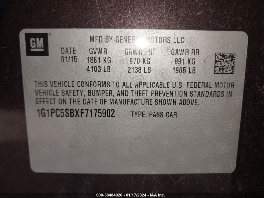 2015 CHEVROLET CRUZE LT - 1G1PC5SBXF7175902