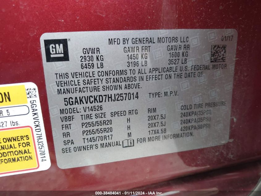 2017 BUICK ENCLAVE PREMIUM - 5GAKVCKD7HJ257014