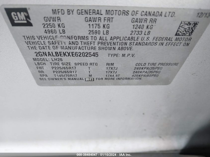 2014 CHEVROLET EQUINOX LT - 2GNALBEKXE6202545