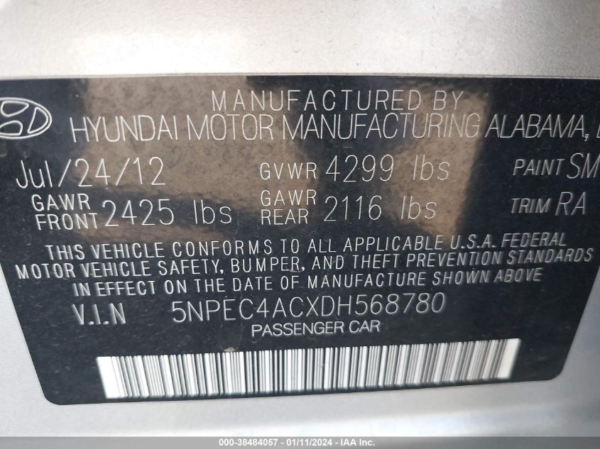 2013 HYUNDAI SONATA LIMITED - 5NPEC4ACXDH568780