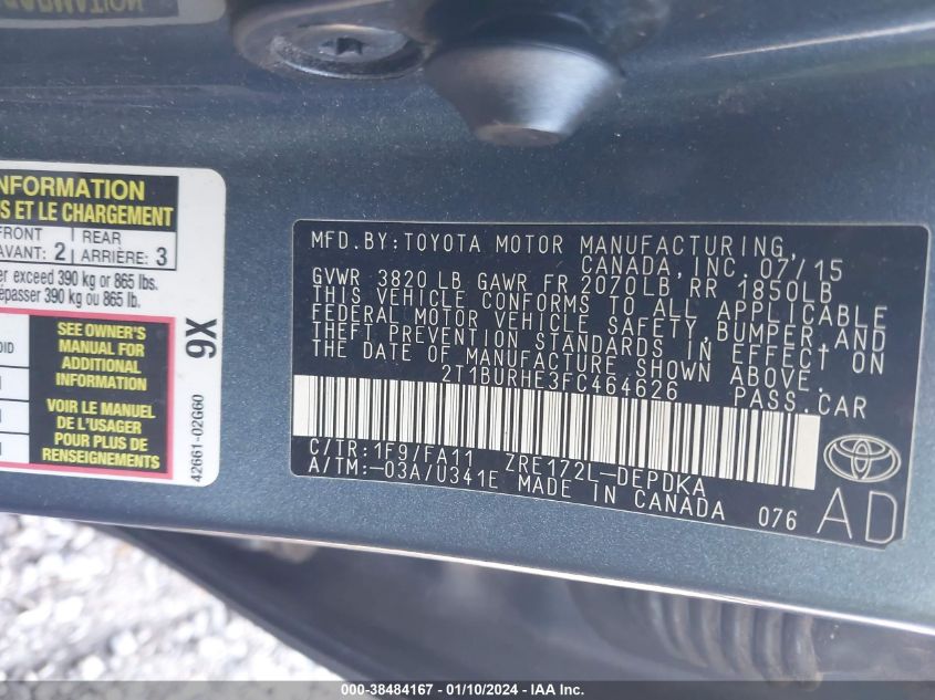 2015 TOYOTA COROLLA L - 2T1BURHE3FC464626