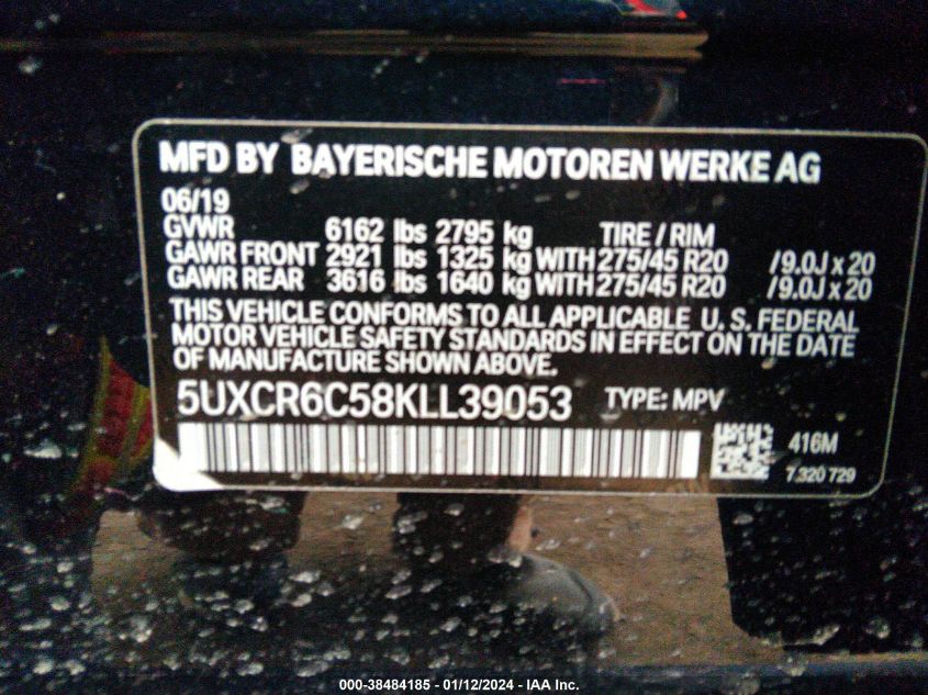 5UXCR6C58KLL39053 2019 BMW X5, photo no. 9