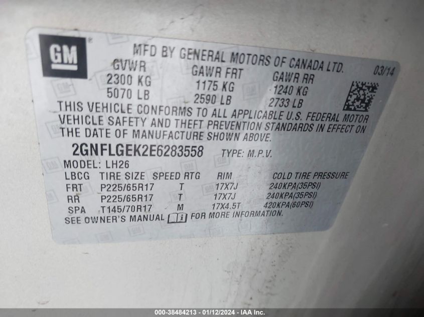 2014 CHEVROLET EQUINOX LT - 2GNFLGEK2E6283558