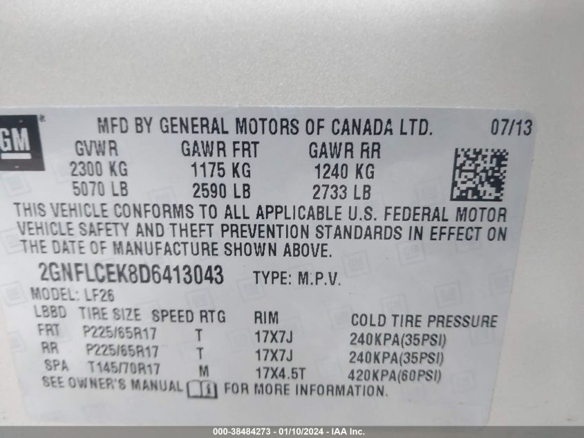 2013 CHEVROLET EQUINOX LS - 2GNFLCEK8D6413043
