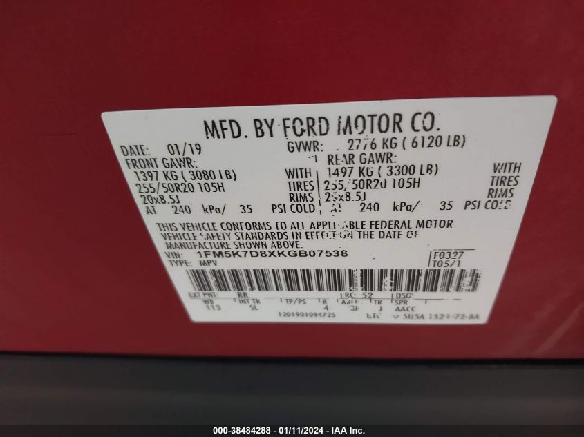 2019 FORD EXPLORER XLT - 1FM5K7D8XKGB07538