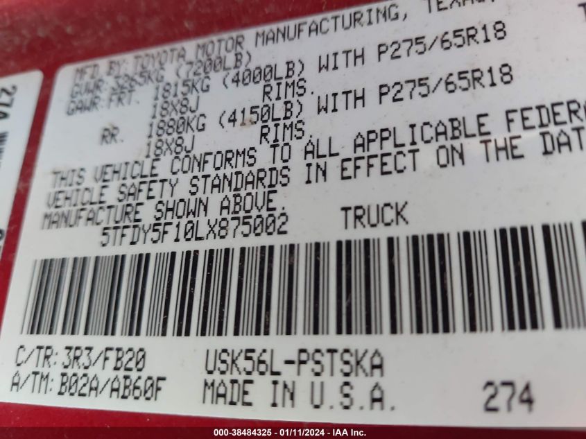 2020 TOYOTA TUNDRA SR5 - 5TFDY5F10LX875002