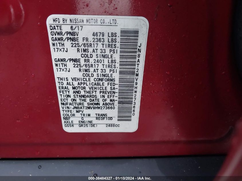 2017 NISSAN ROGUE SV - JN8AT2MV9HW273660