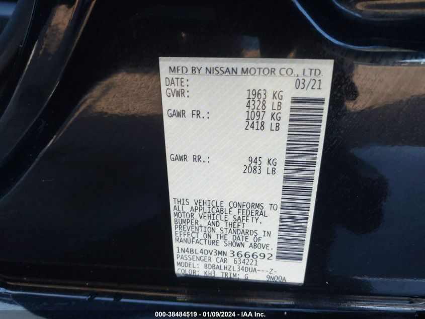 2021 NISSAN ALTIMA 2.5L I-4 DI, DOHC, V(VIN: 1N4BL4DV3MN366692