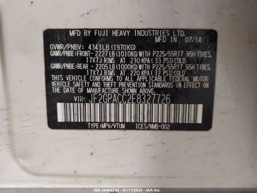 2014 SUBARU XV CROSSTREK 2.0I PREMIUM - JF2GPACC2E8327726