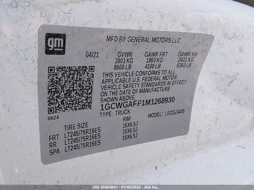2021 CHEVROLET EXPRESS WORK VAN - 1GCWGAFP1M1268930