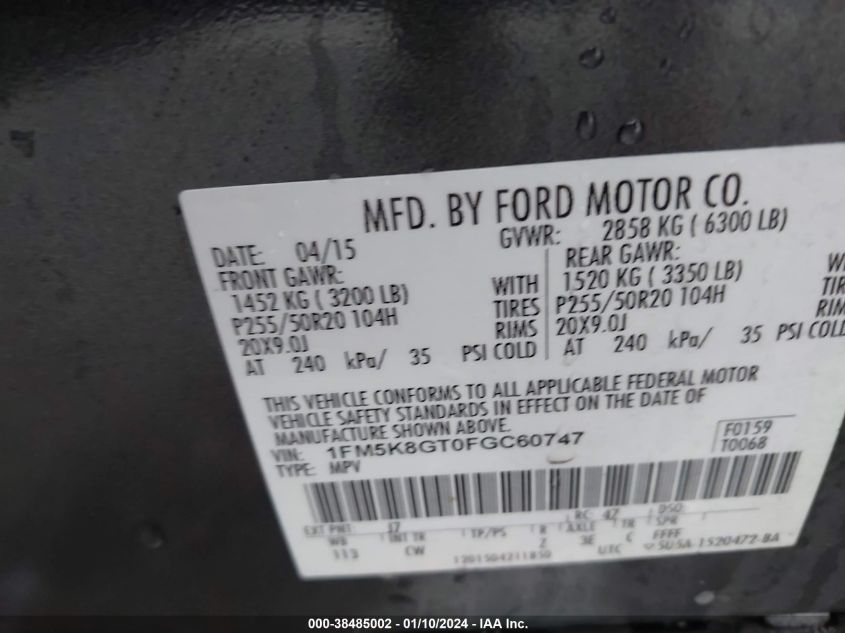 2015 FORD EXPLORER SPORT - 1FM5K8GT0FGC60747