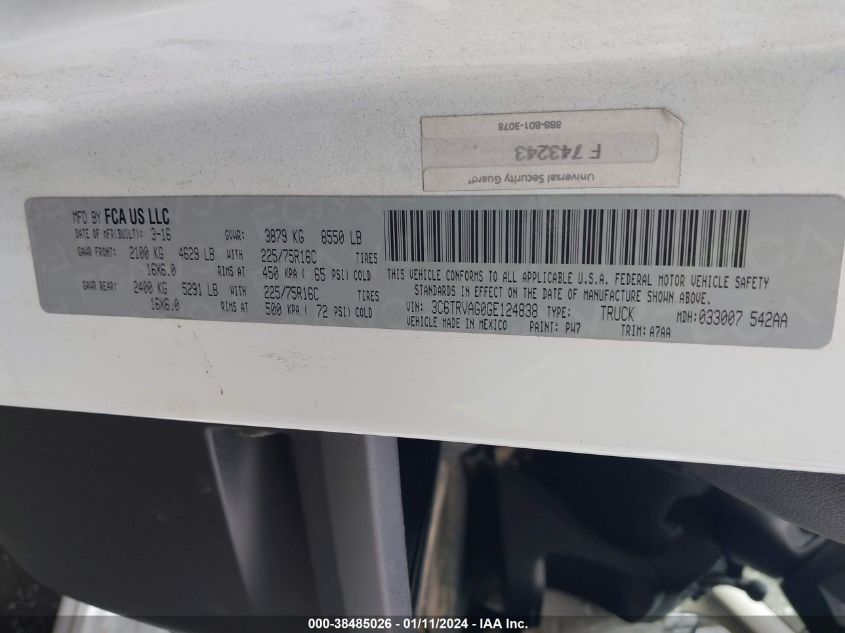 2016 RAM PROMASTER 1500 1500 STANDARD - 3C6TRVAG0GE124838