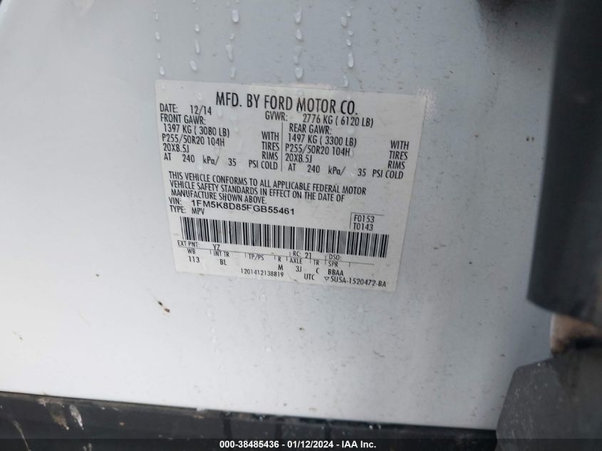 2015 FORD EXPLORER XLT - 1FM5K8D85FGB55461