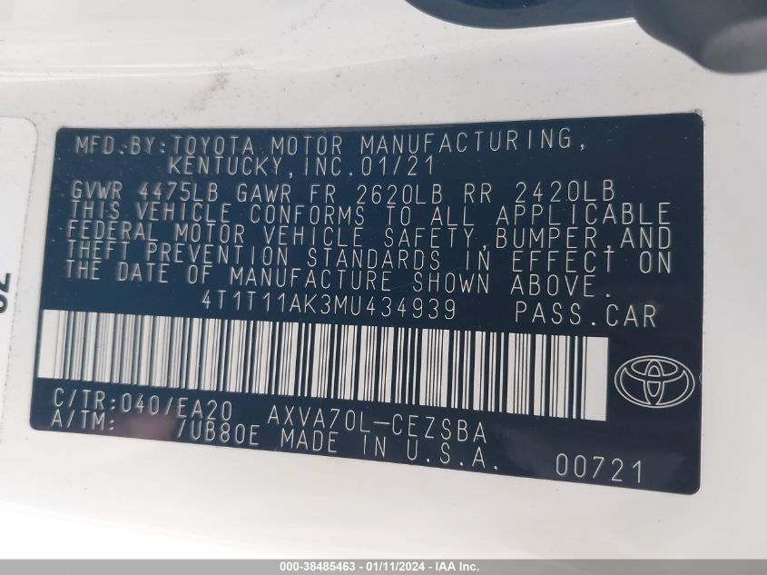 2021 TOYOTA CAMRY SE/NIGHT SHADE - 4T1T11AK3MU434939