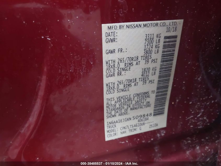 2019 NISSAN TITAN S/SV - 1N6AA1EJ1KN509848