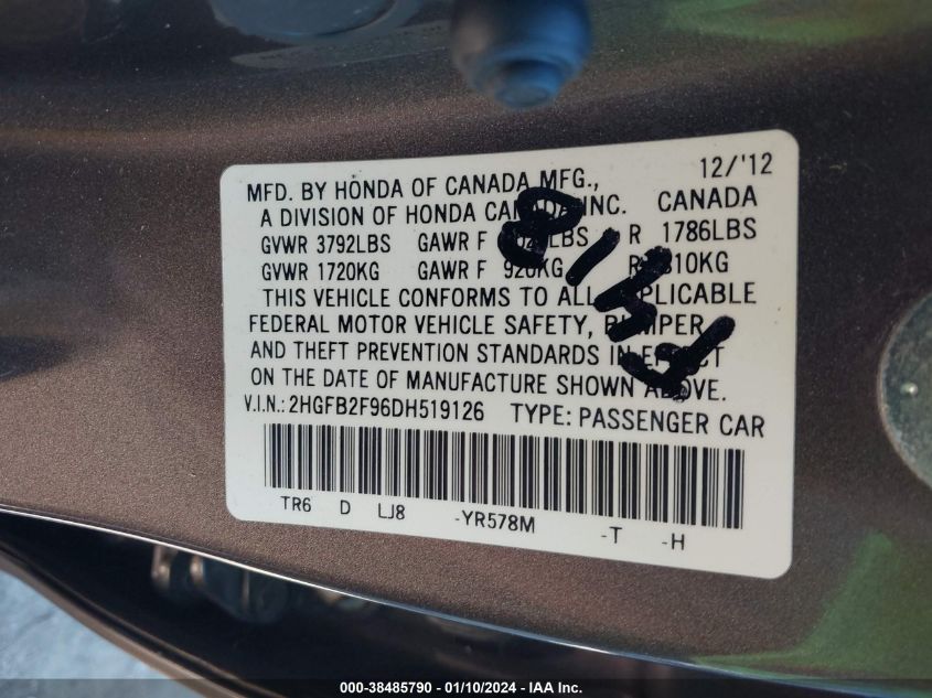 2013 HONDA CIVIC EX-L - 2HGFB2F96DH519126