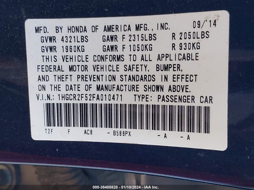 2015 HONDA ACCORD SPORT - 1HGCR2F52FA010471