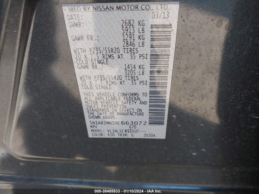 2013 NISSAN PATHFINDER S/SV/SL/PLATINUM - 5N1AR2MN1DC663072