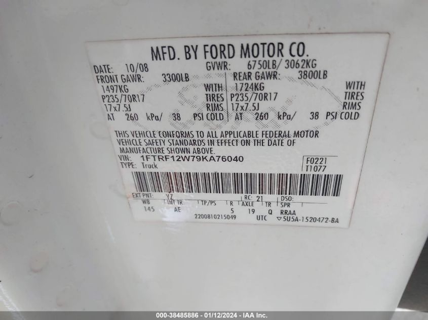 1FTRF12W79KA76040 | 2009 FORD F-150