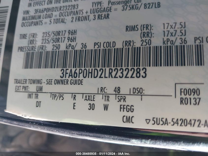 2020 FORD FUSION SE - 3FA6P0HD2LR232283