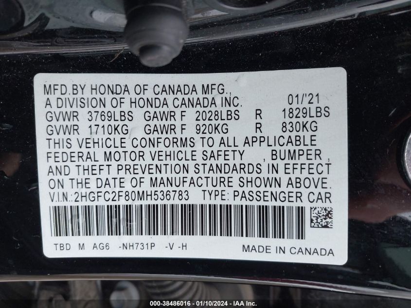 2021 HONDA CIVIC SPORT - 2HGFC2F80MH536783