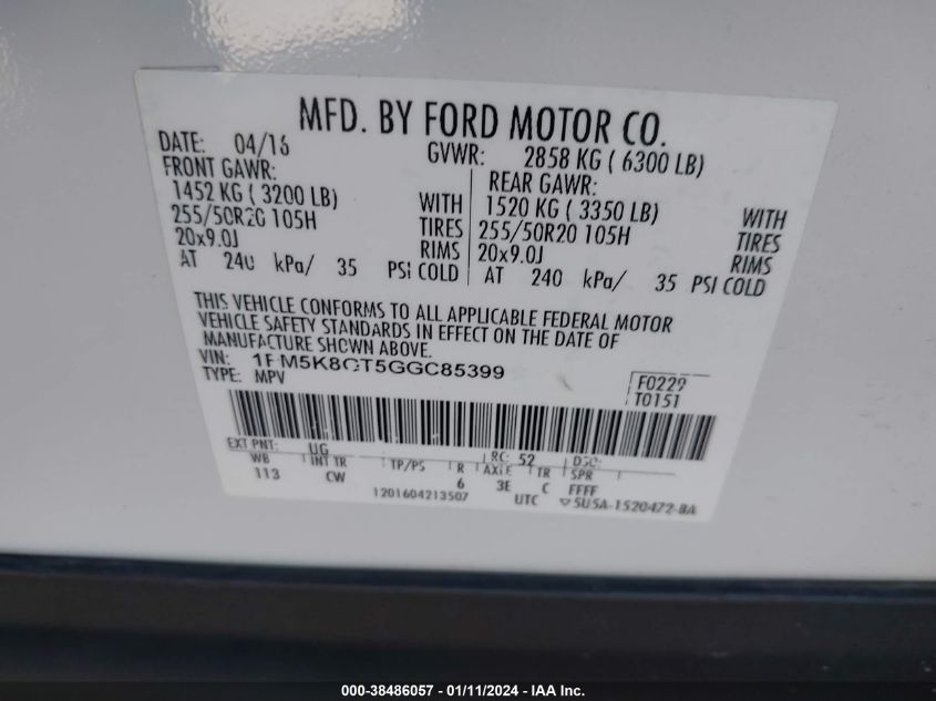 2016 FORD EXPLORER SPORT - 1FM5K8GT5GGC85399