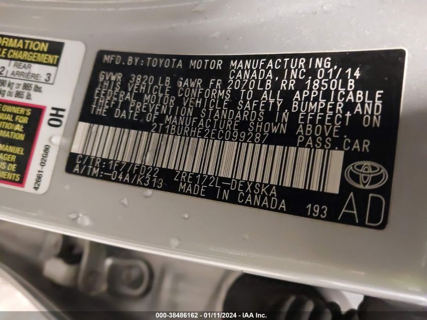 2014 TOYOTA COROLLA S PLUS - 2T1BURHE2EC099287