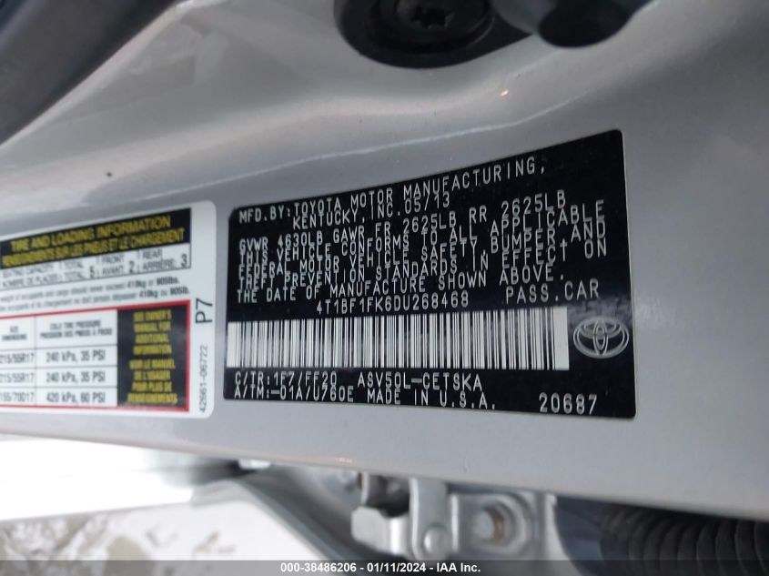 4T1BF1FK6DU268468 | 2013 TOYOTA CAMRY