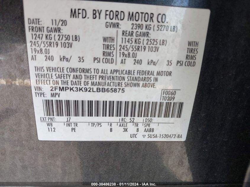 2020 FORD EDGE TITANIUM - 2FMPK3K92LBB65875