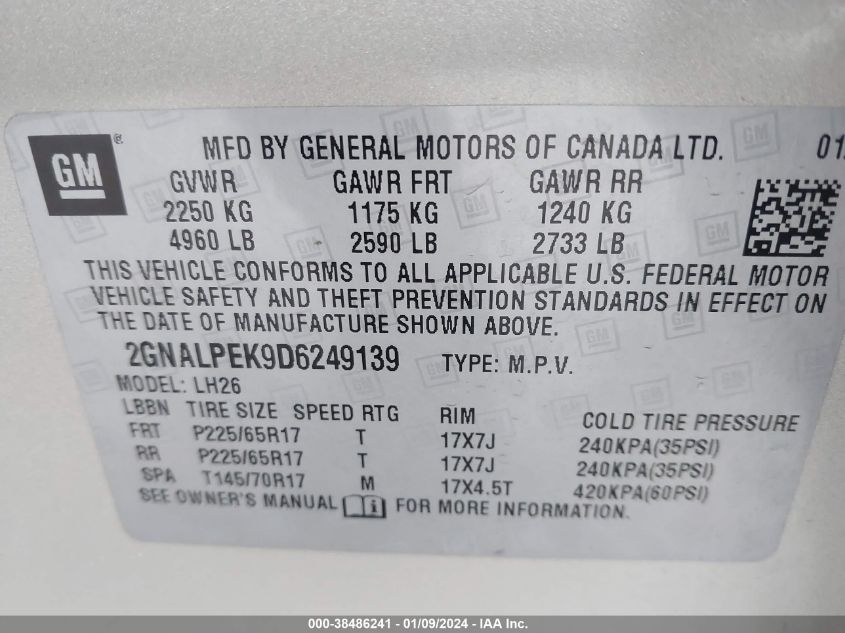 2013 CHEVROLET EQUINOX LT - 2GNALPEK9D6249139
