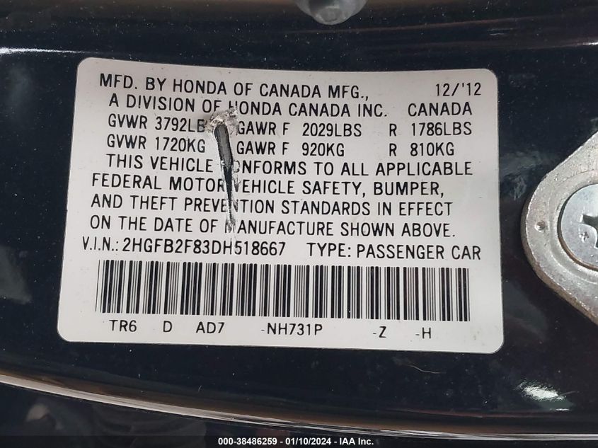 2013 HONDA CIVIC EX - 2HGFB2F83DH518667