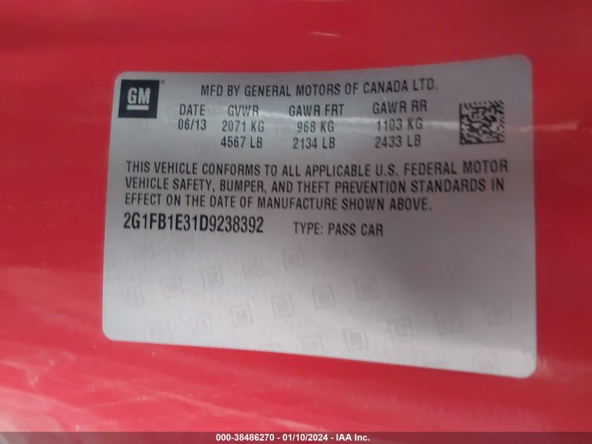 2013 CHEVROLET CAMARO 1LT - 2G1FB1E31D9238392