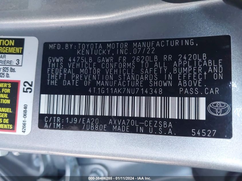 2022 TOYOTA CAMRY SE - 4T1G11AK7NU714348