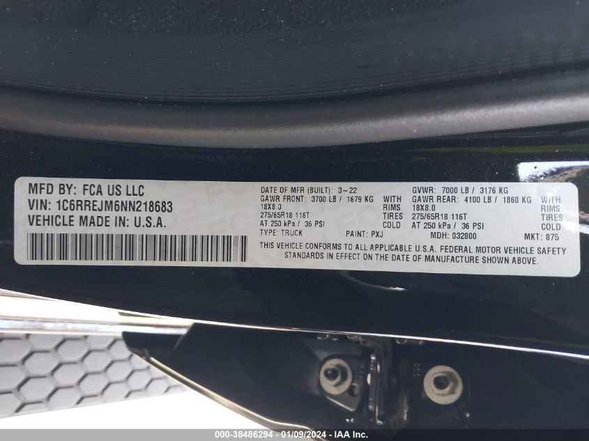 2022 RAM 1500 LARAMIE - 1C6RREJM6NN218683