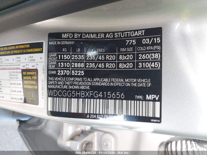 2015 MERCEDES-BENZ GLK 350 WDCGG5HBXFG415656